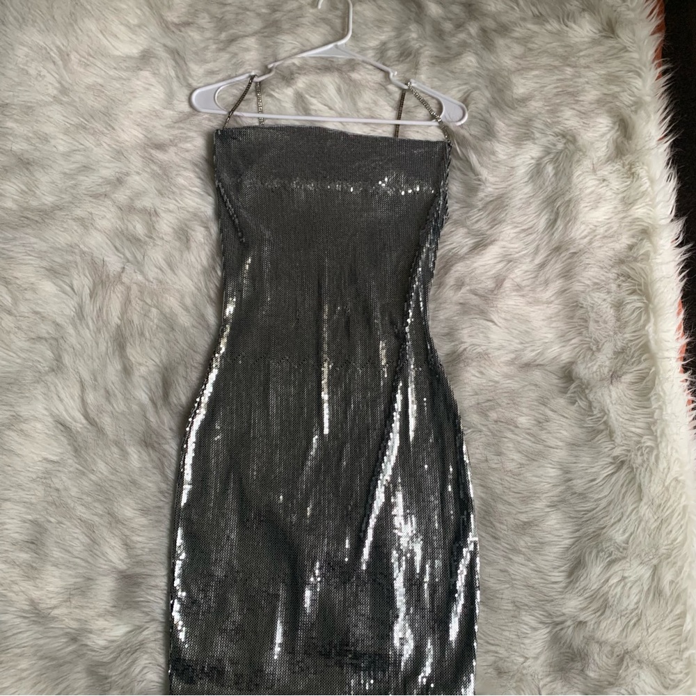 Bear Dance dark grey Metalic Shimmer Midi Dress Spaghetti Straps Size Medium